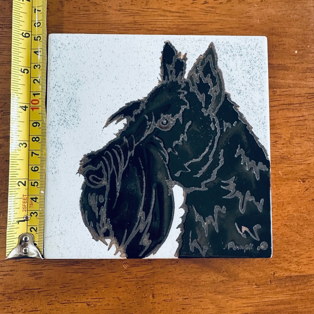 Vintage Hand Painted Black Scottish Terrier Italian Tile Trivet Art by Pumpkin - Picture 6 of 7